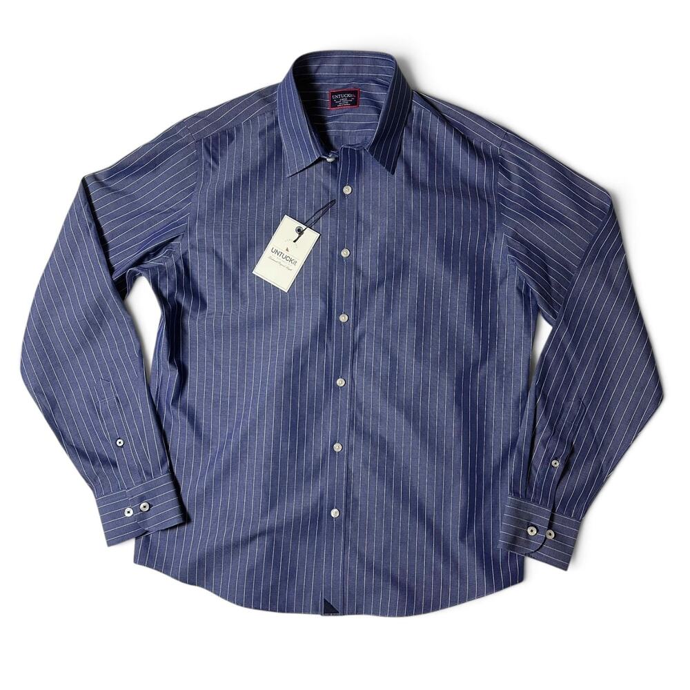 UNTUCKit Gifford Wrinkle Free Slim Shirt Mens Size L Blue Stripe Long Sleeve NWT